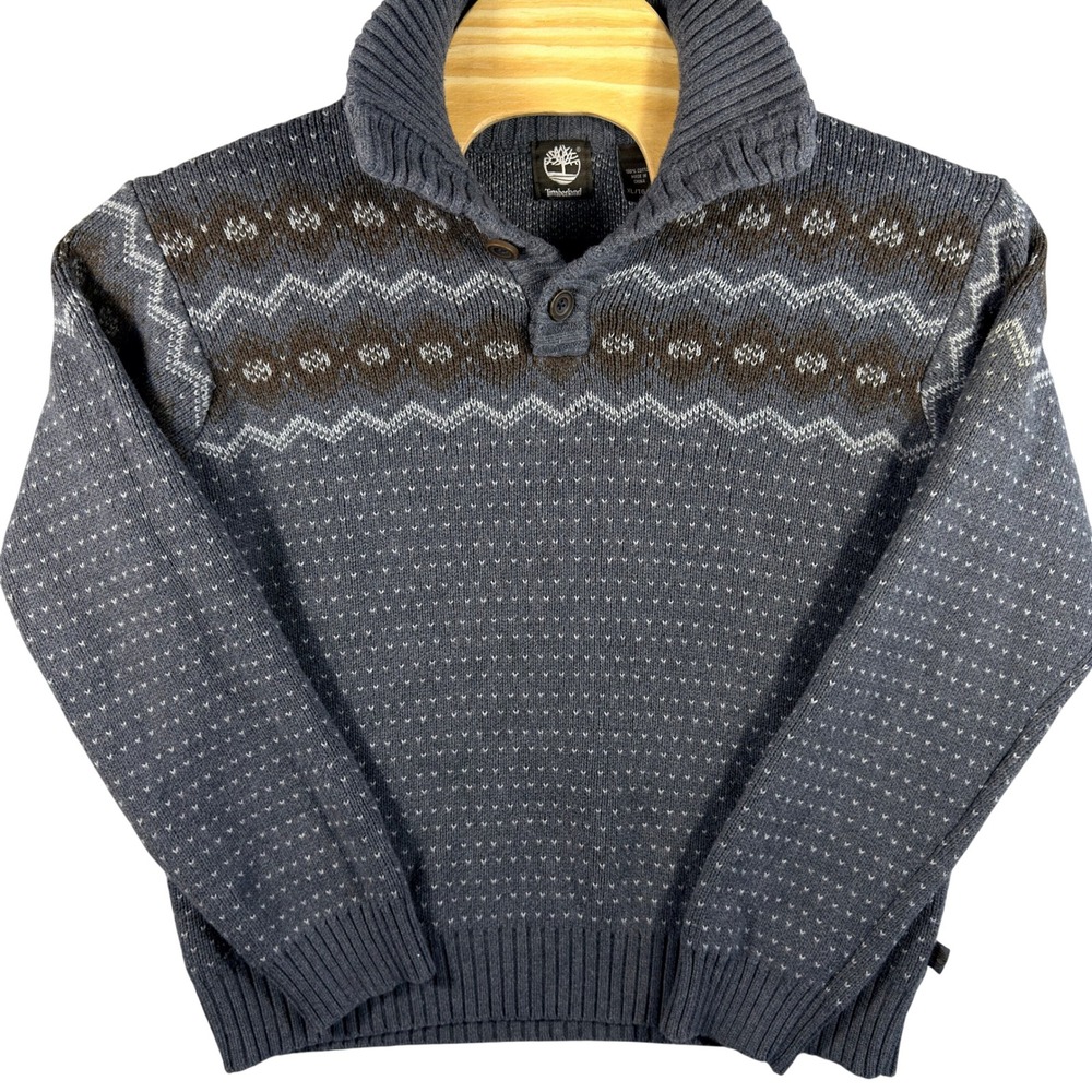 Timberland Sweater Mens XL Blue Gray Fair Isle Button Mock Neck Cotton Knit